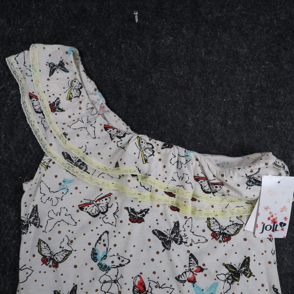Jolt One Shoulder Top Womens Medium Ivory Butterfly Print Ruffle Lace Trim NWT - take2supply