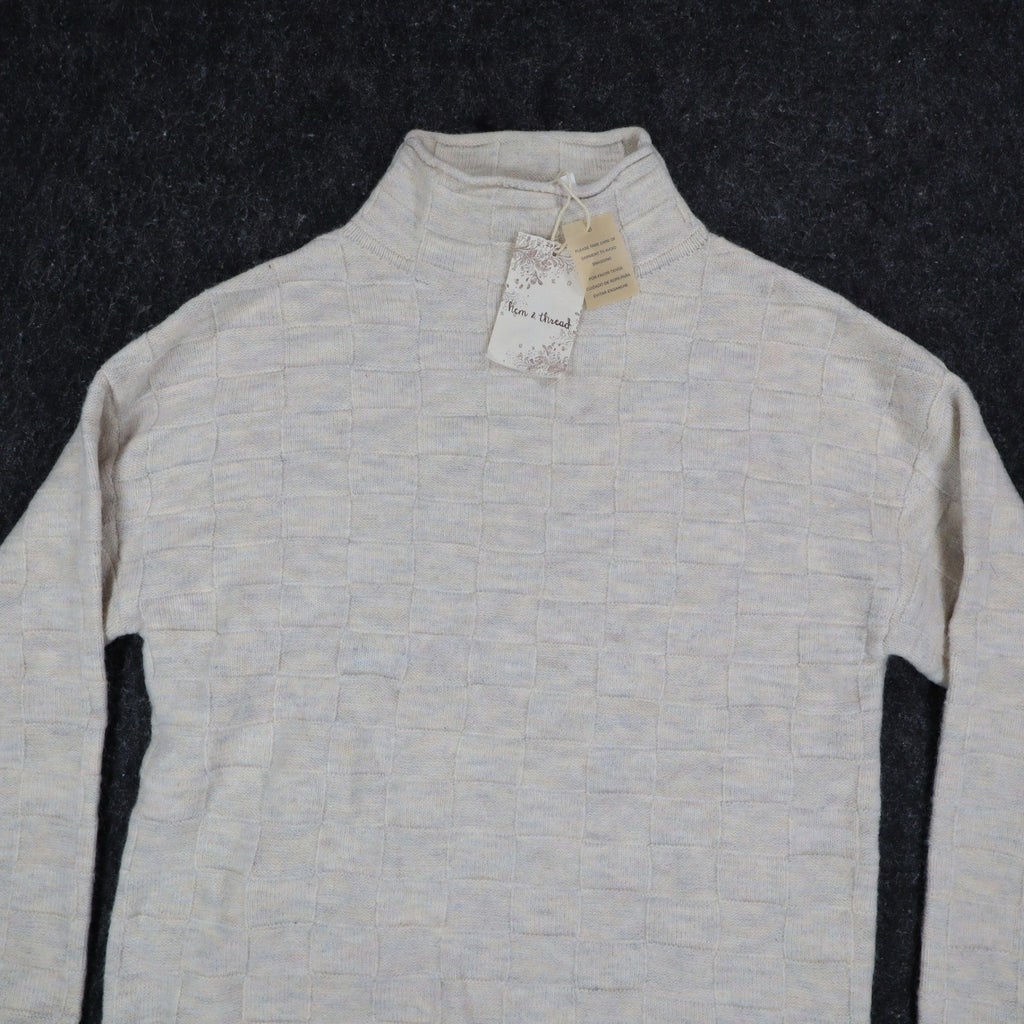 Hem & Thread Mock Neck Sweater Womens Small Cream Textured Checkerboard Knit NEW - take2supply