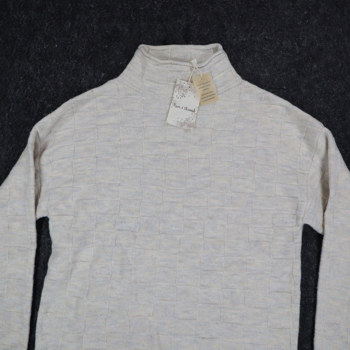 Hem & Thread Mock Neck Sweater Womens Small Cream Textured Checkerboard Knit NEW - take2supply