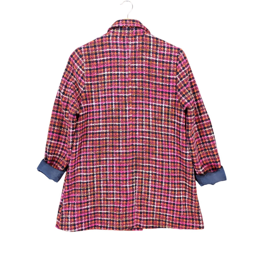 Pink, orange and navy AURA plaid double-breasted coat, full back view