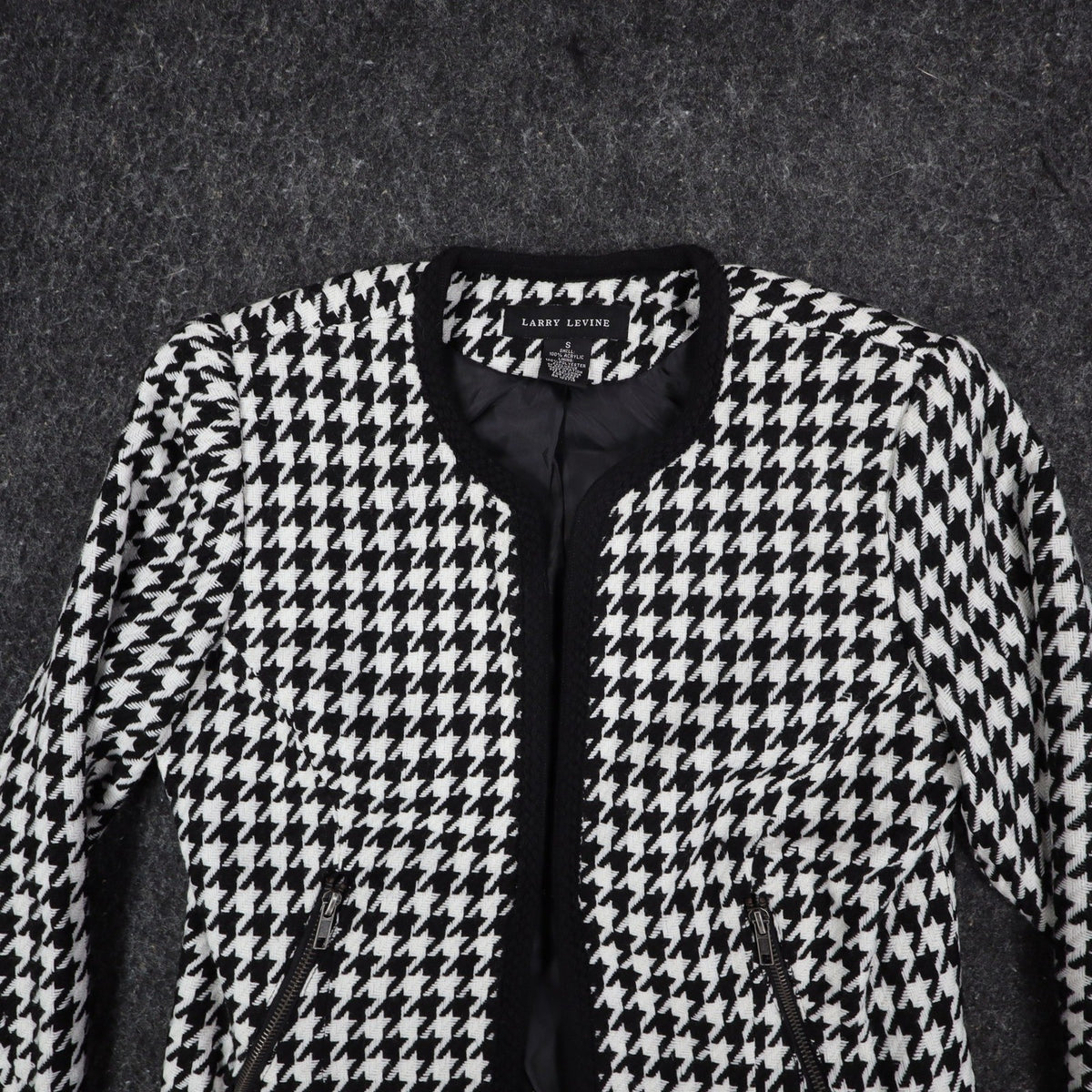 Larry Levine Houndstooth Jacket Womens Size S Black Cream Zip Pockets NWT - take2supply