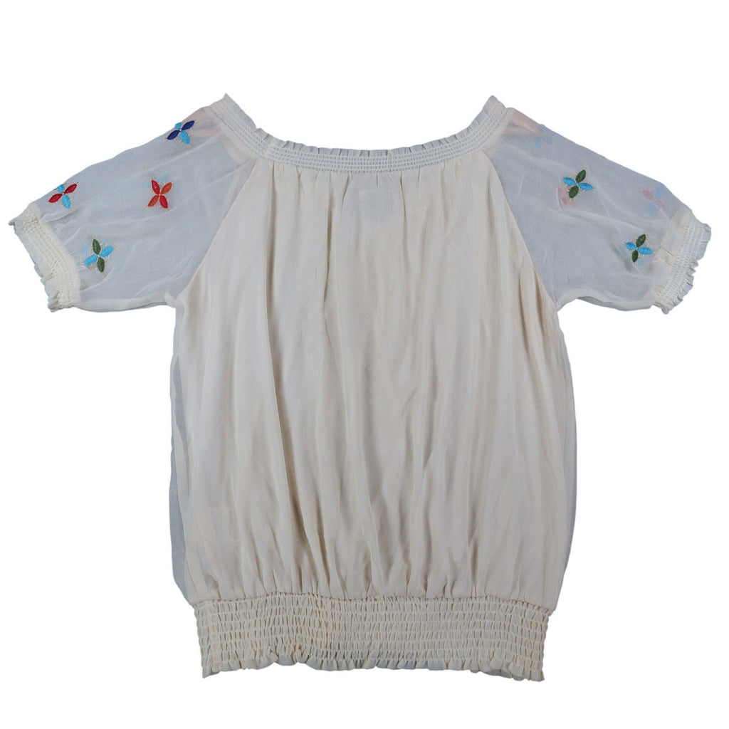 Angie Embroidered Smocked Blouse Womens Size Medium Ivory Boho Sheer Sleeve Top - take2supply