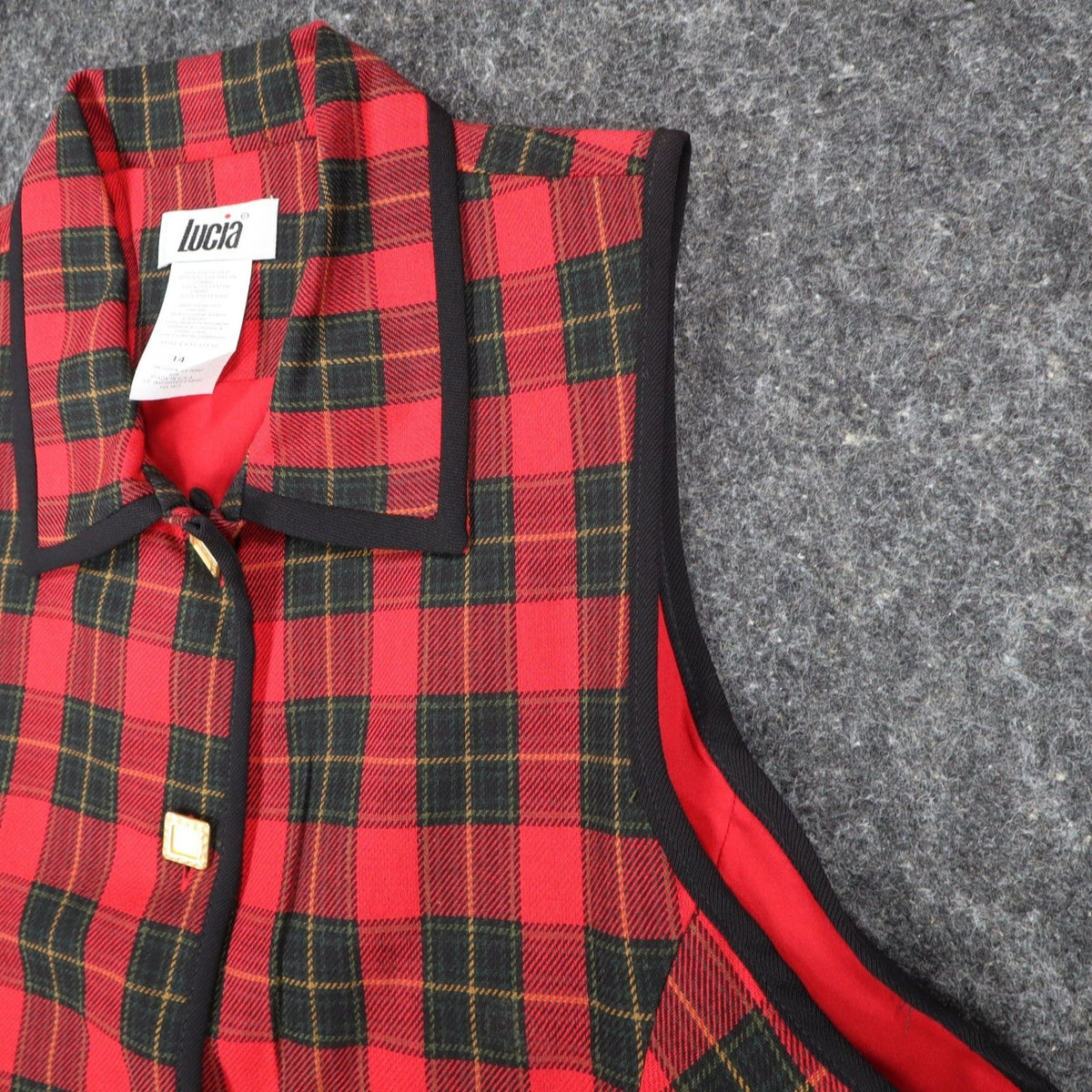 Lucia Plaid Vest Womens 14 Vintage 90s Red Tartan Gold Button Made in USA NWT - take2supply