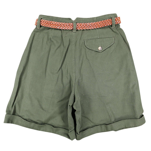 Back of the olive green belted shorts with a buttoned flap pocket