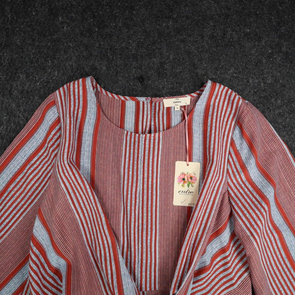 Entro Striped Front Tie Blouse Womens Size L Red Blue Bell Sleeve Top NEW - take2supply