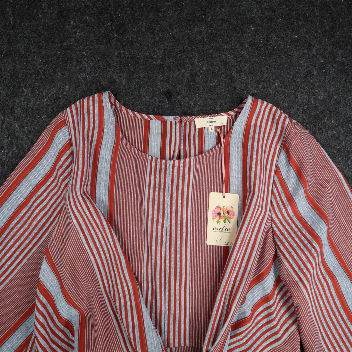 Entro Striped Front Tie Blouse Womens Size L Red Blue Bell Sleeve Top NEW - take2supply