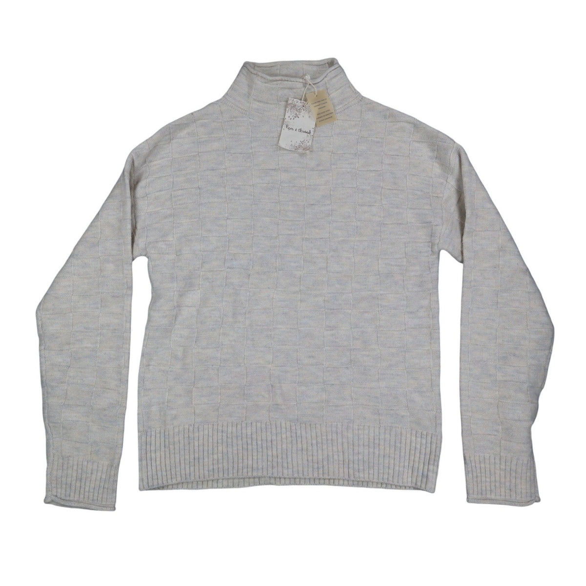 Hem & Thread Mock Neck Sweater Womens Small Cream Textured Checkerboard Knit NEW - take2supply