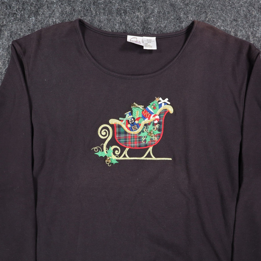 Peanut Butter & Jelly Women XL Brown Cotton Christmas Sleigh Long Sleeve Top - take2supply