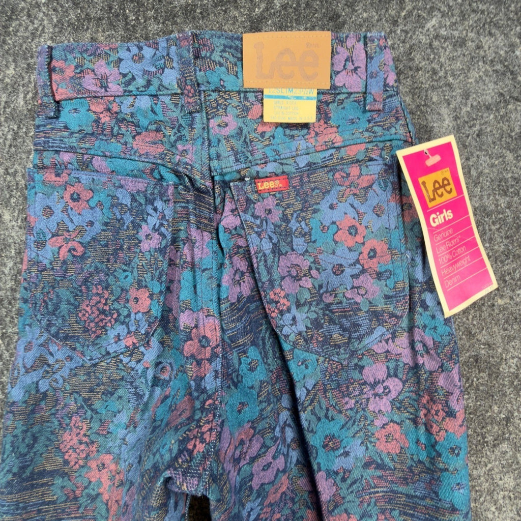 Lee Vintage 90s Floral Tapestry Jeans Girls 12 Slim Blue Cotton Deadstock NWT - take2supply