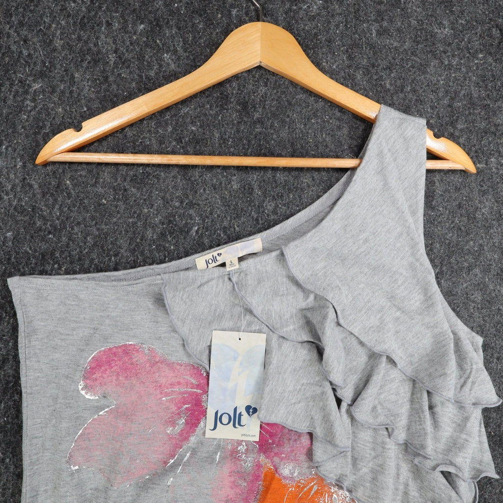 Jolt One Shoulder Top Womens Large Gray Floral Ruffle Smocked Hem NWT J0805F76 - take2supply