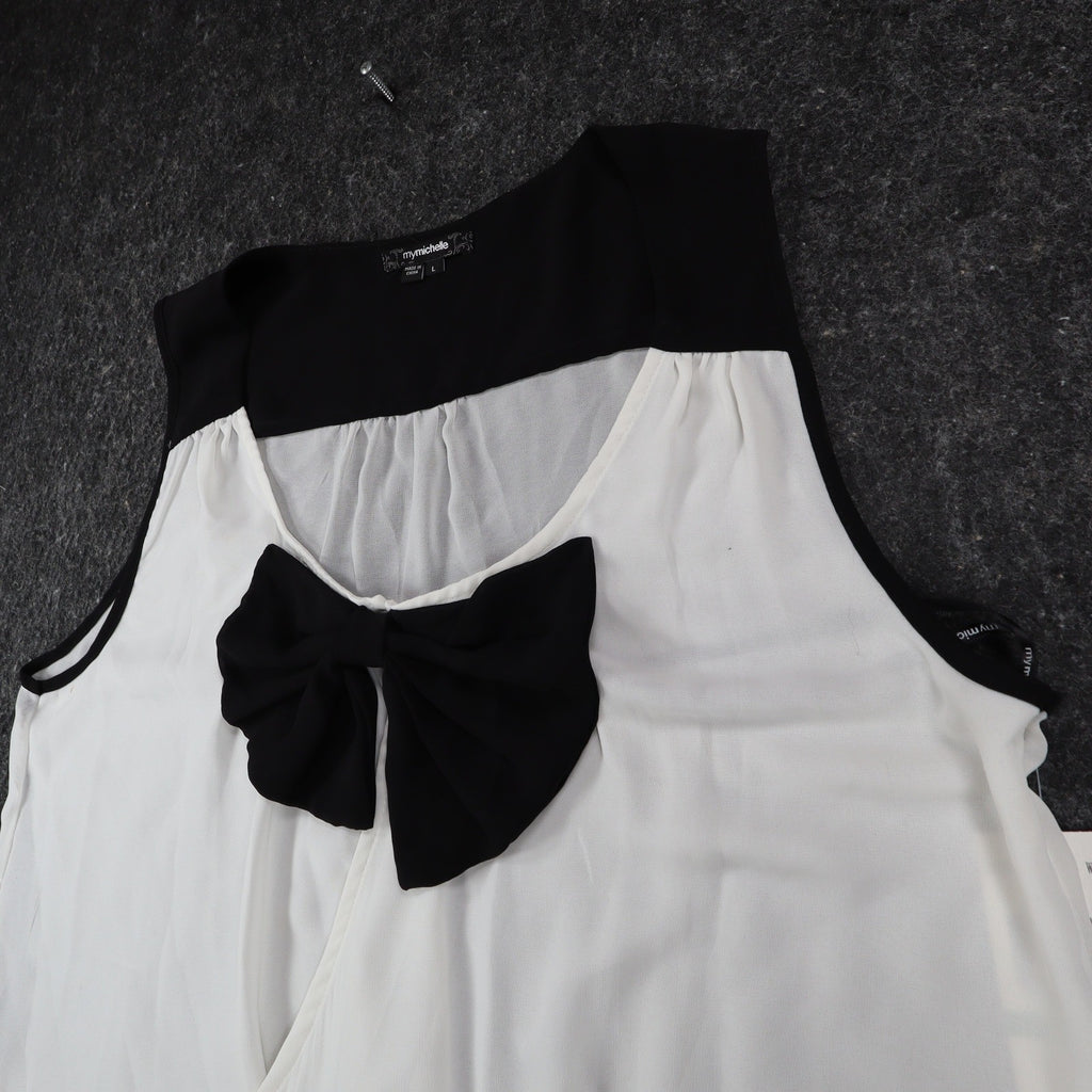 mymichelle Sleeveless Blouse Large White Black Bow Chiffon Faux Wrap Top - take2supply