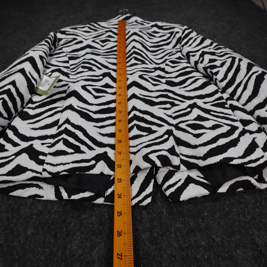 Ruler along the back length of black and white zebra-print Erin London blazer