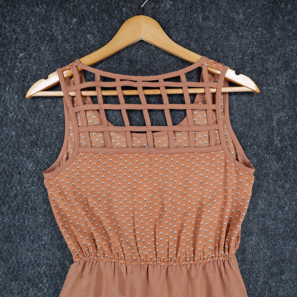 Blu Pepper Sleeveless Dress Small Rust Orange Lattice Cage Back Geometric Print - take2supply