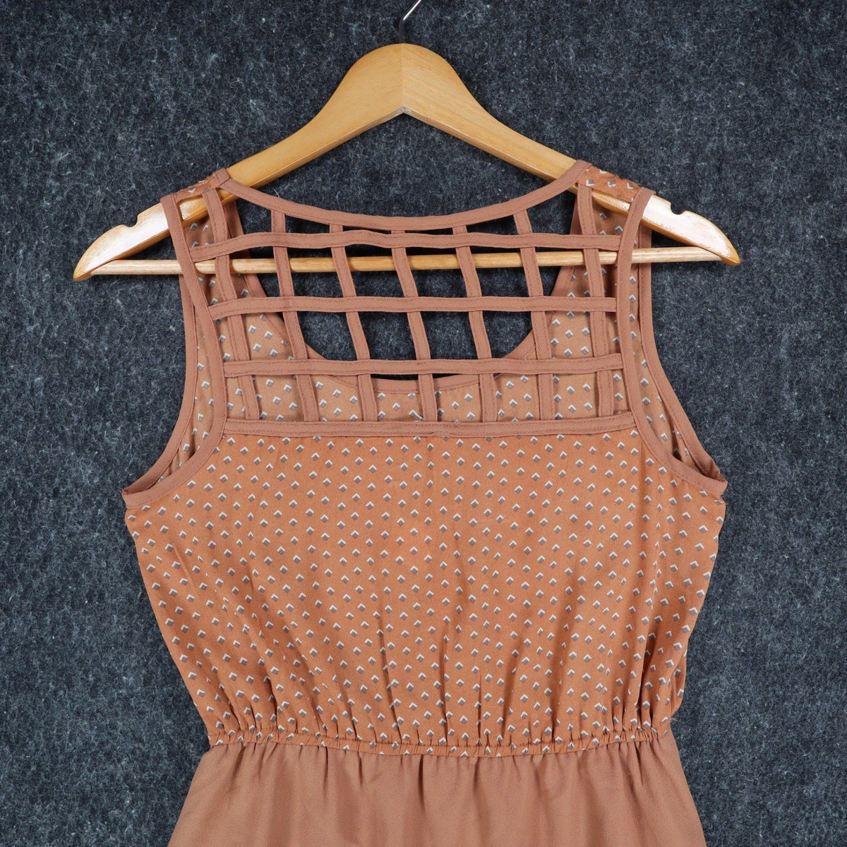 Blu Pepper Sleeveless Dress Small Rust Orange Lattice Cage Back Geometric Print - take2supply