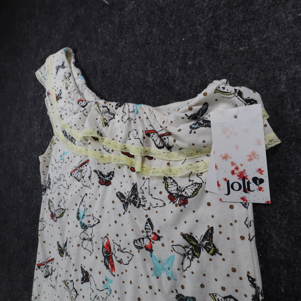 Jolt One Shoulder Top Womens Medium Ivory Butterfly Print Ruffle Lace Trim NWT - take2supply