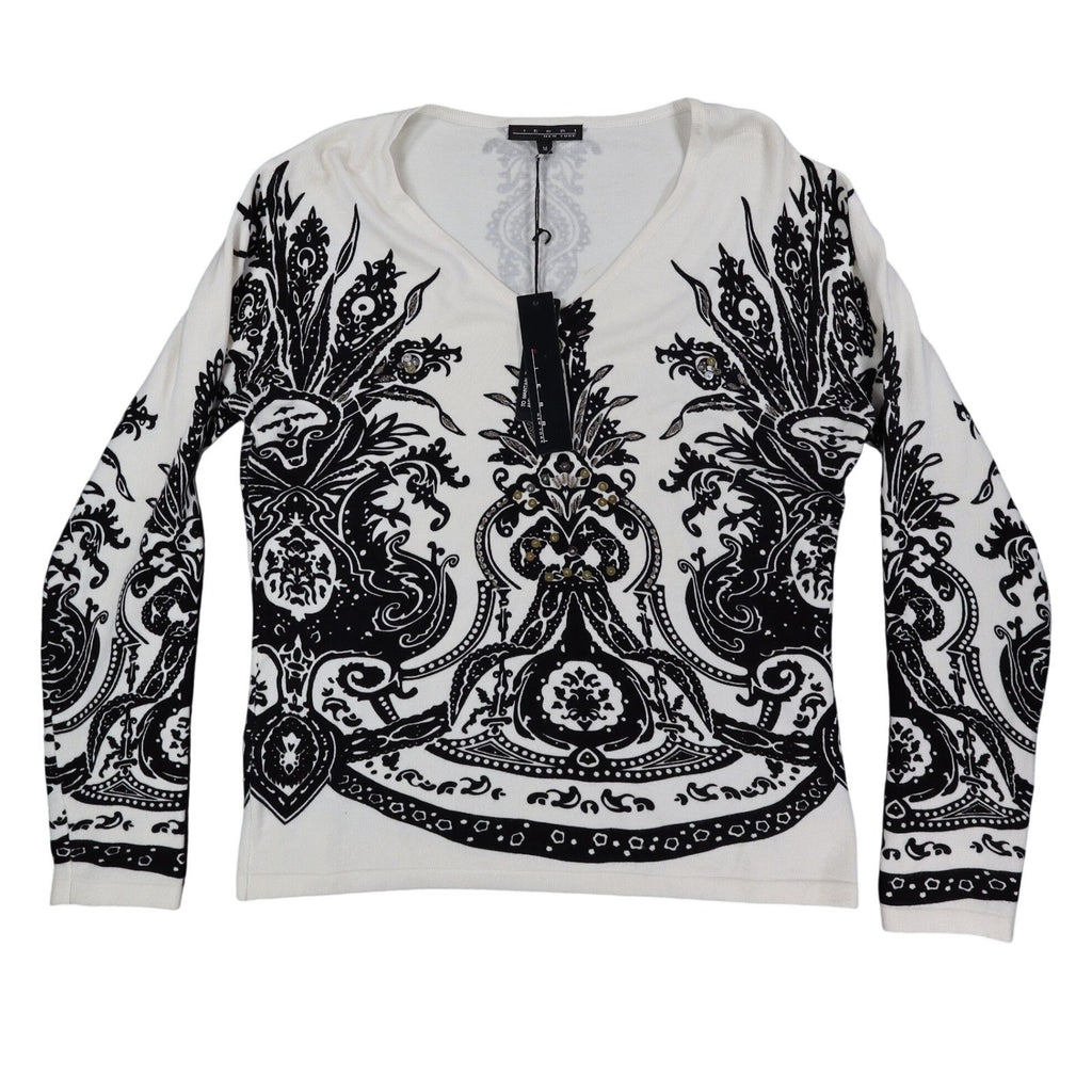 Pierri New York V-Neck Sweater Womens Size M Black White Embellished Baroque - take2supply