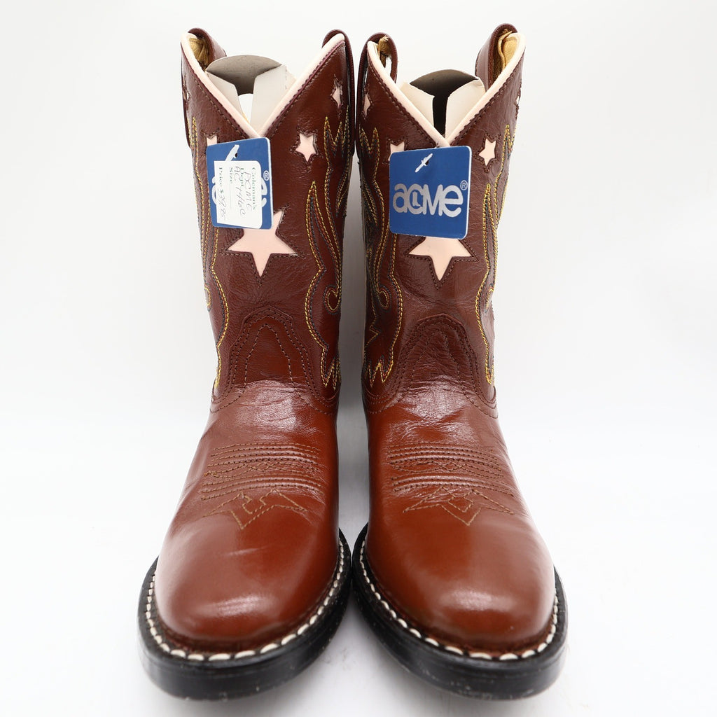 Acme Western Boots Childs 1 D Brown Star Inlay Leather New In Box Vintage Style - take2supply