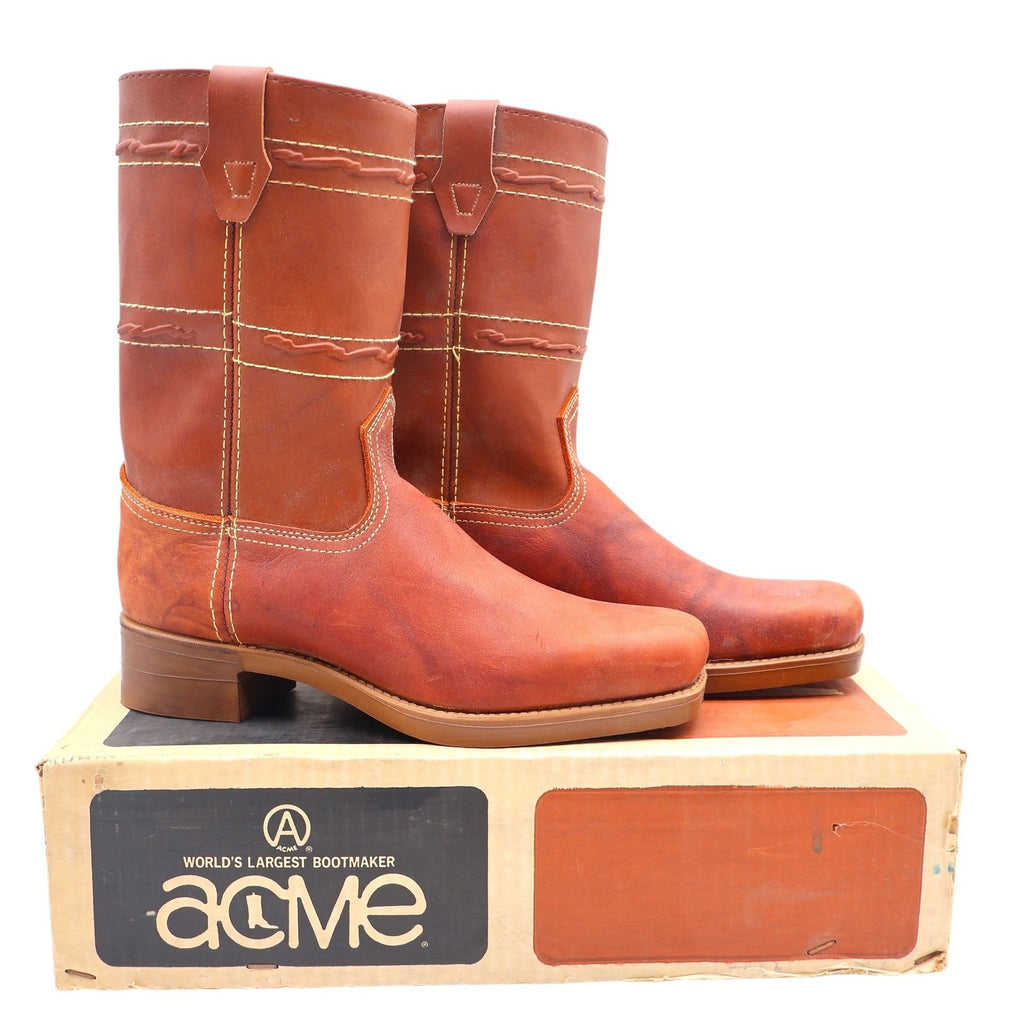 Acme Vintage Cowboy Boots Mens 5.5 D Tan Leather Western Square Toe 2418 USA - take2supply