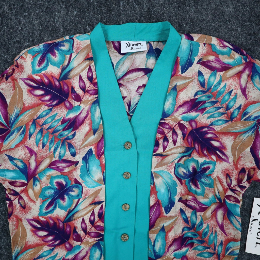 Xtrovert Blouse Womens 8 Vintage 90s Teal Floral Faux Vest Rayon Short Sleeve - take2supply