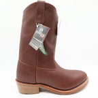 Side profile of a brown Double-H pull-on boot with attached hangtags and toe pointing right