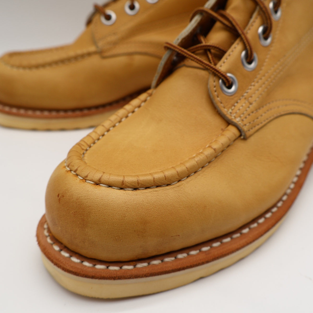 Cedar Crest Moc Toe Work Boots Mens 7.5 E Vintage Tan Leather Wedge Sole 9555 - take2supply