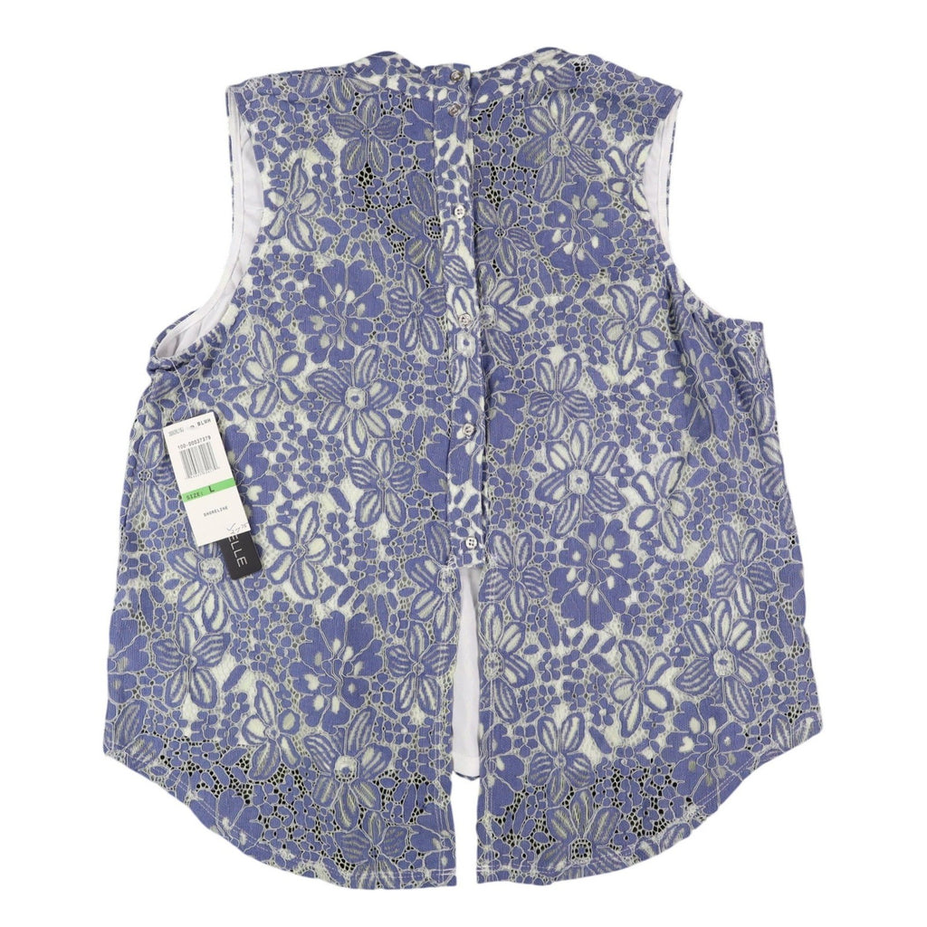 My Michelle Lace Sleeveless Top Womens Large Blue White Floral Choker Neck NWT - take2supply