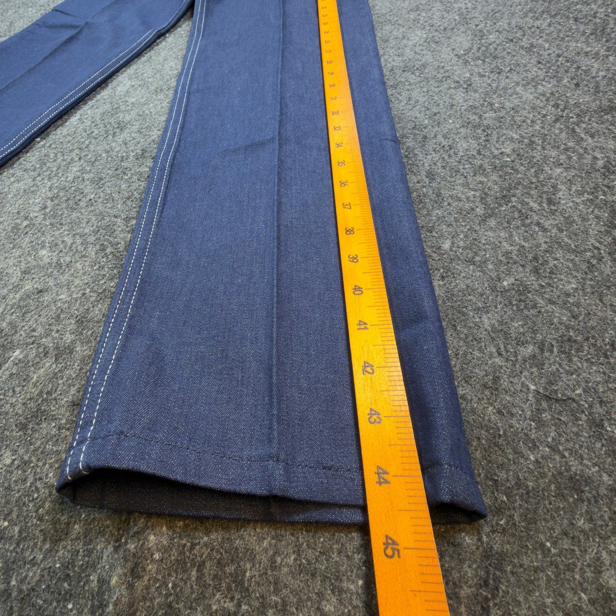 Blue Lady Maverick jeans with contrast stitching, outer length ruler view