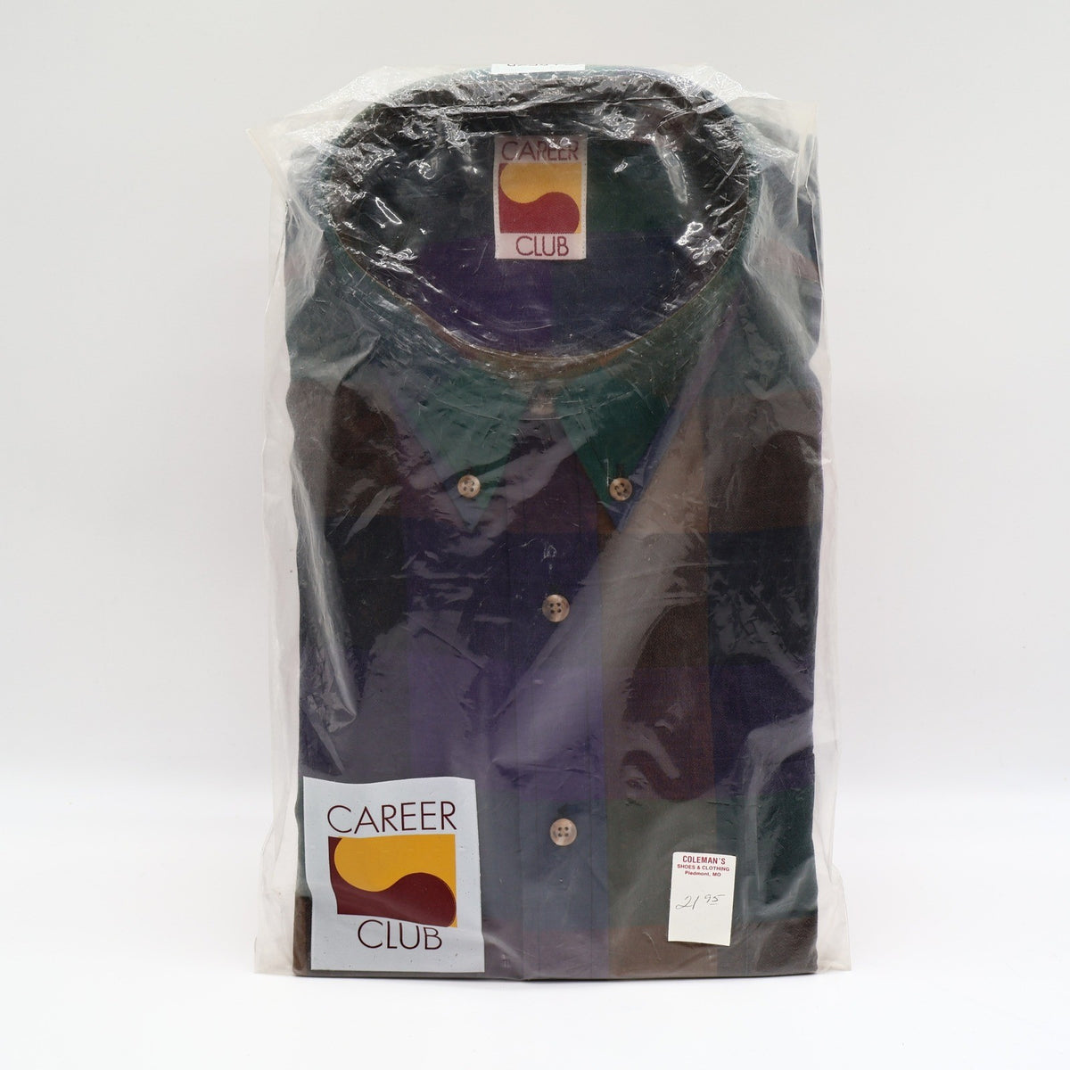 Career Club Shirt Mens Large Block Plaid Green Purple Cotton Blend New Packaged - take2supply