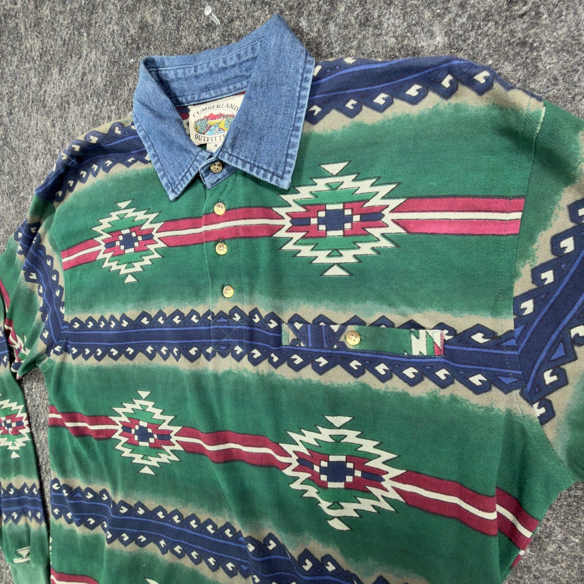 Cumberland Outfitters Vintage 90s Aztec Polo Mens Medium Green Cotton Denim C411 - take2supply