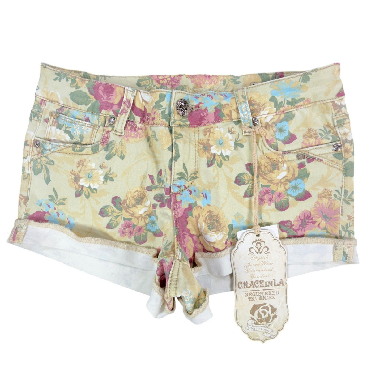 Front view of pale yellow Grace in LA floral shorts with rolled white cuffs