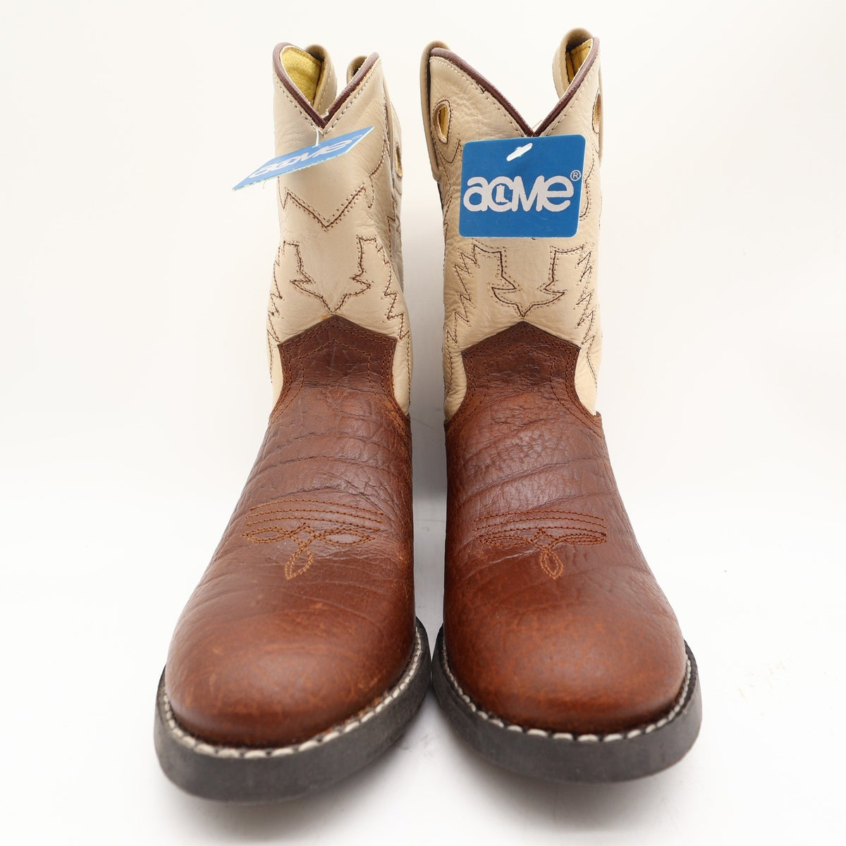 Acme Vintage Cowboy Boots Boys 2 Brown Cream Bullhide Roper NWT Deadstock - take2supply