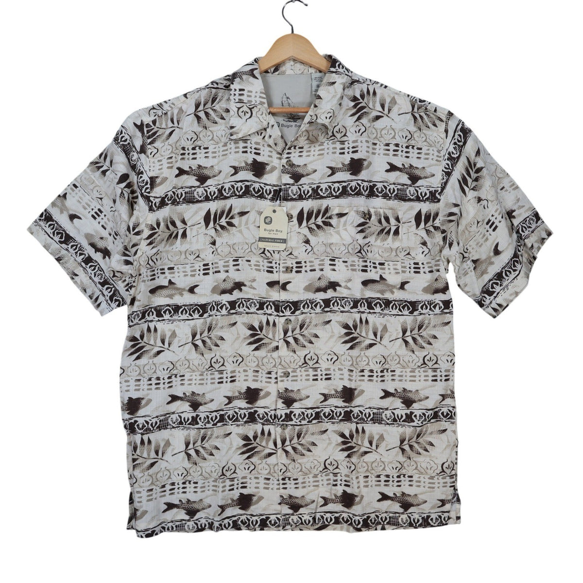 Bugle Boy Button Up Mens XL Beige New Fish Print Short Sleeve Excellent - take2supply