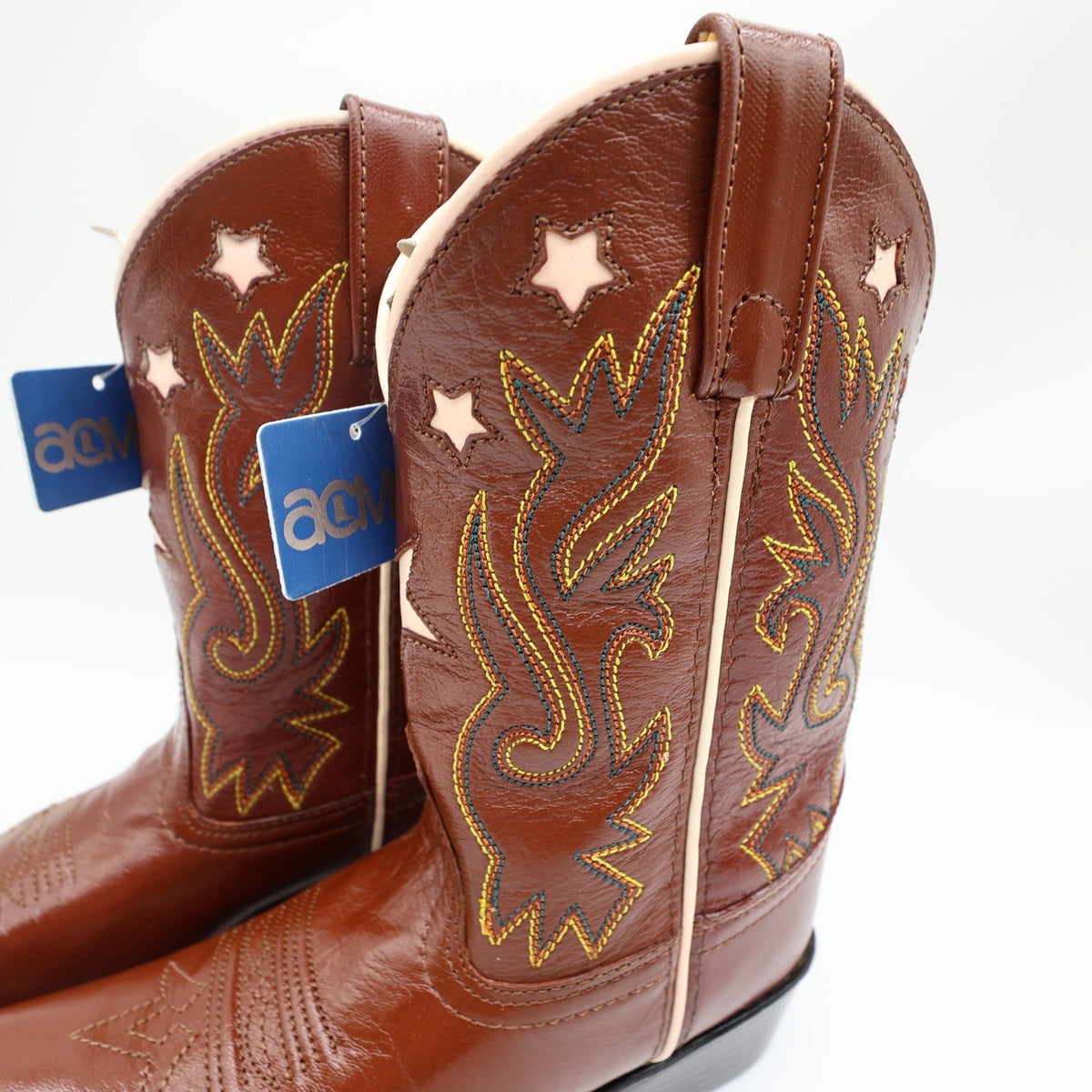 Acme Western Boots Childs 1 D Brown Star Inlay Leather New In Box Vintage Style - take2supply