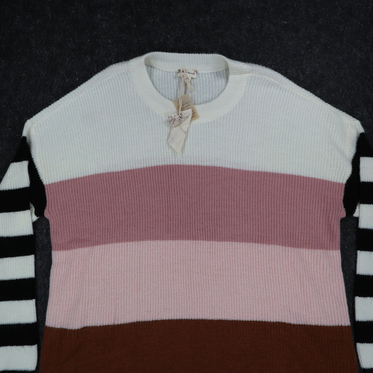 Hem & Thread Colorblock Striped Sweater Womens Large NWT Pink Brown Cream 7535 - take2supply