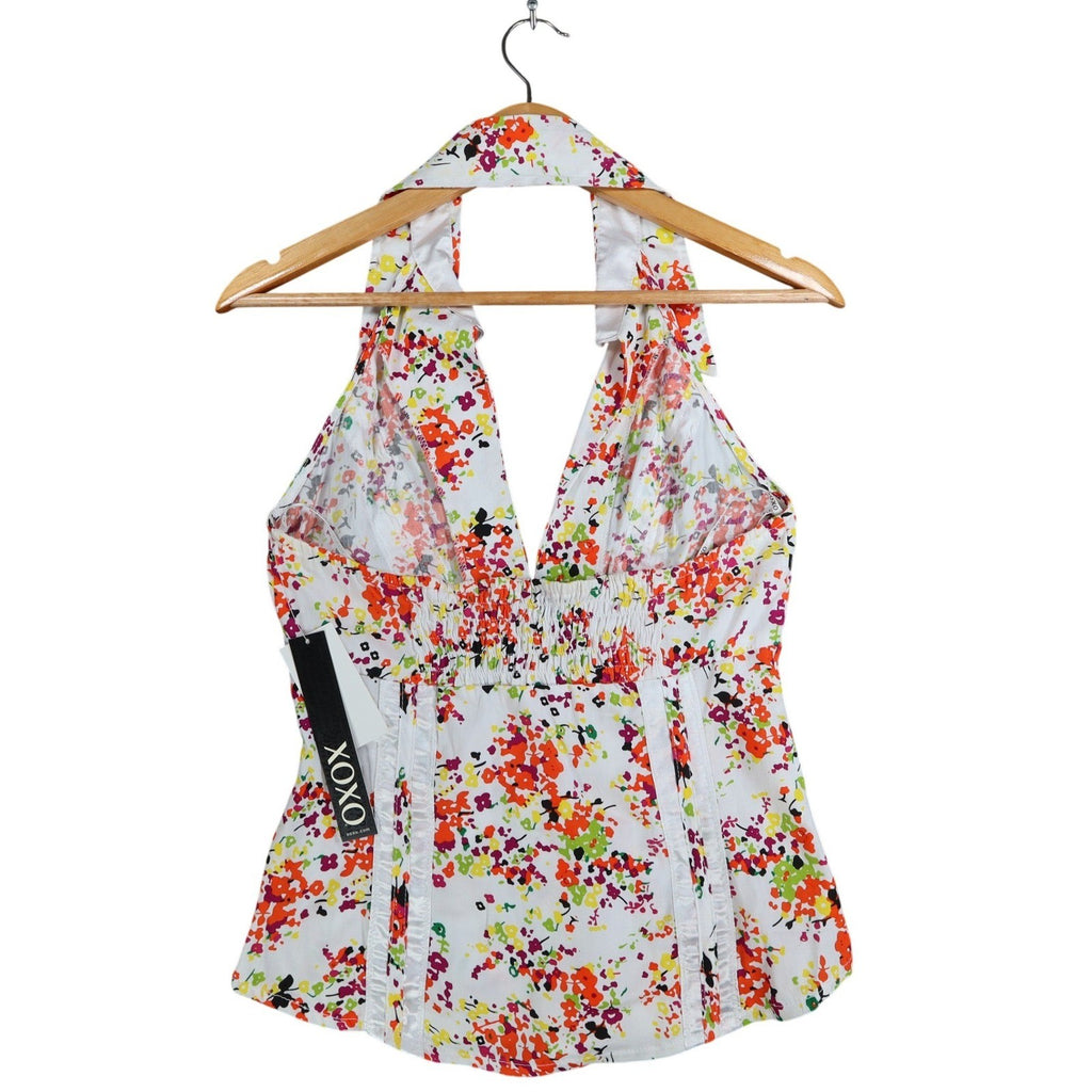 XOXO Halter Top Womens Medium Y2K White Floral Cotton Pleated Smocked NWT - take2supply