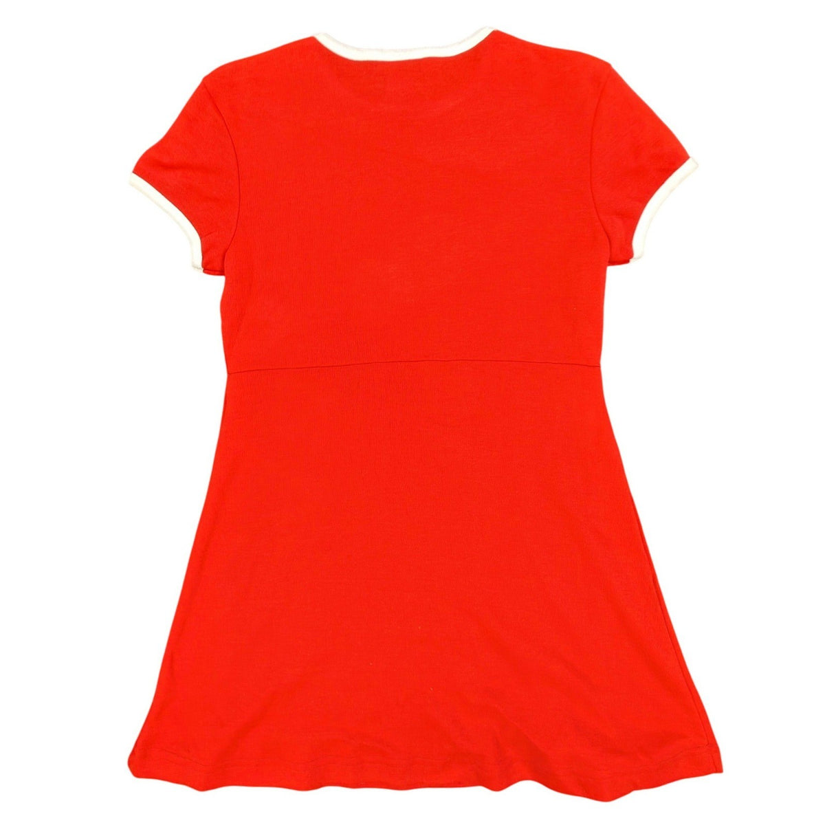 Back of a red Angel Jones dress showing waist seam and white neckline trim