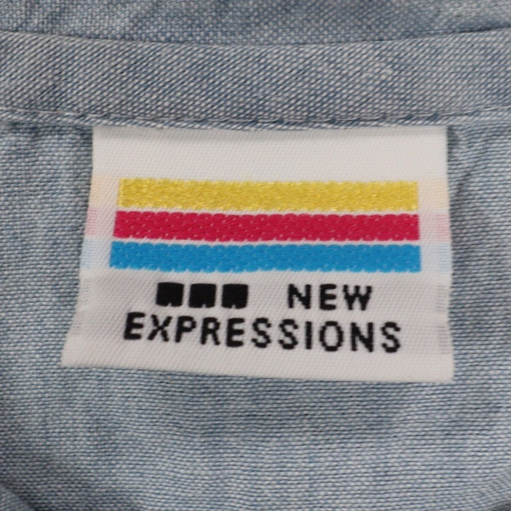 New Expressions Shirt Womens Medium Vintage Blue Cotton Ruffle Short Sleeve USA - take2supply