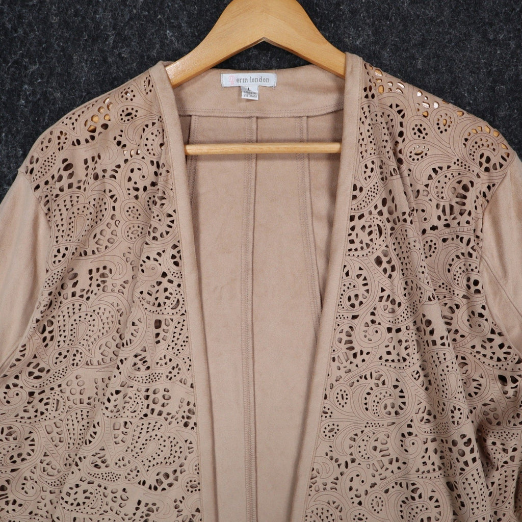 Erin London Open Front Jacket Womens Large Tan Faux Suede Laser Cut Eyelet NEW - take2supply