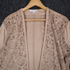 Erin London Open Front Jacket Womens Large Tan Faux Suede Laser Cut Eyelet NEW - take2supply