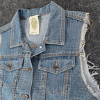 Vocal Denim Vest Womens Large Blue Light Wash Rhinestone Studded Frayed Y2K - take2supply