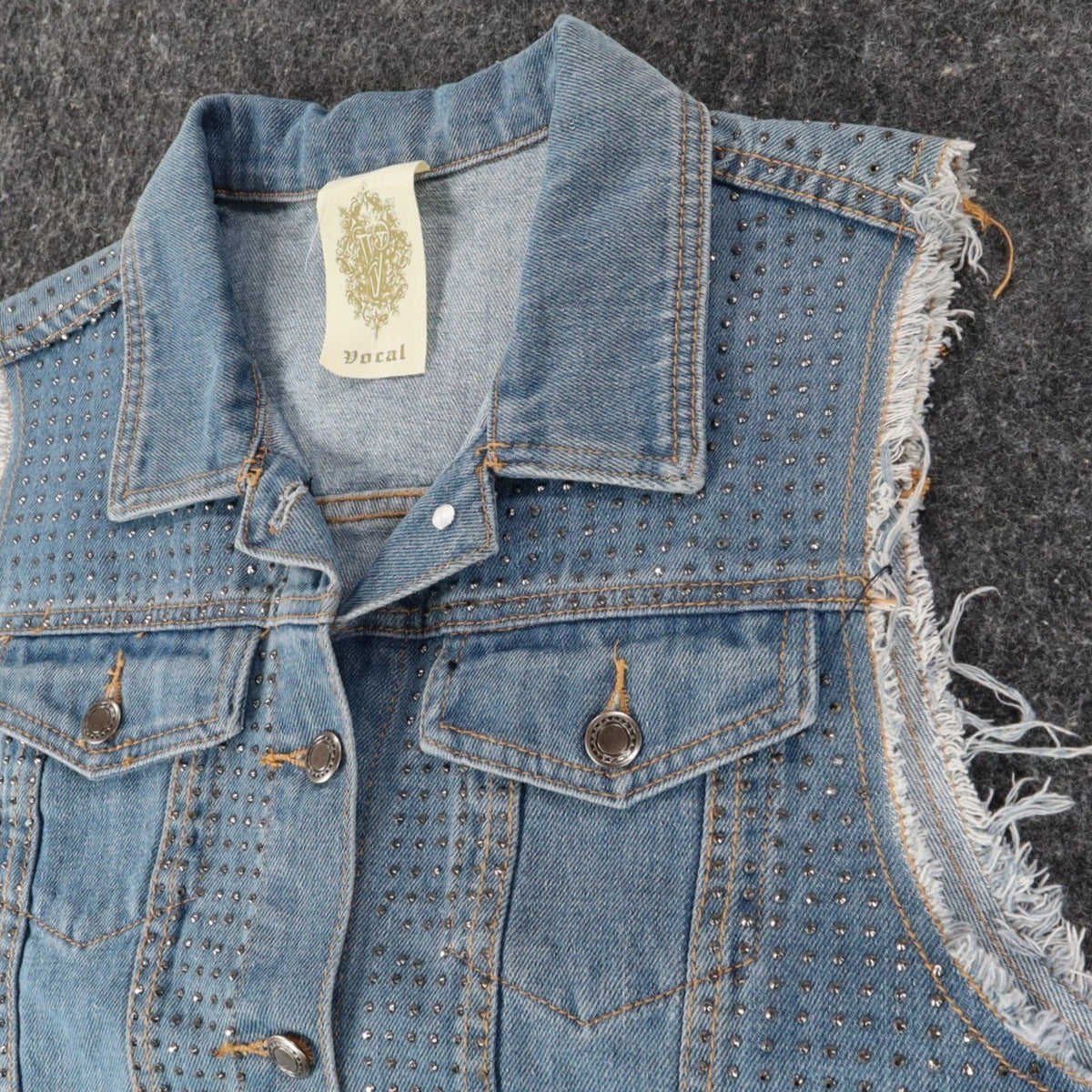 Vocal Denim Vest Womens Large Blue Light Wash Rhinestone Studded Frayed Y2K - take2supply