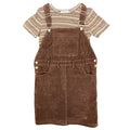 Front view of brown Amy Too corduroy jumper dress with a striped short-sleeve top