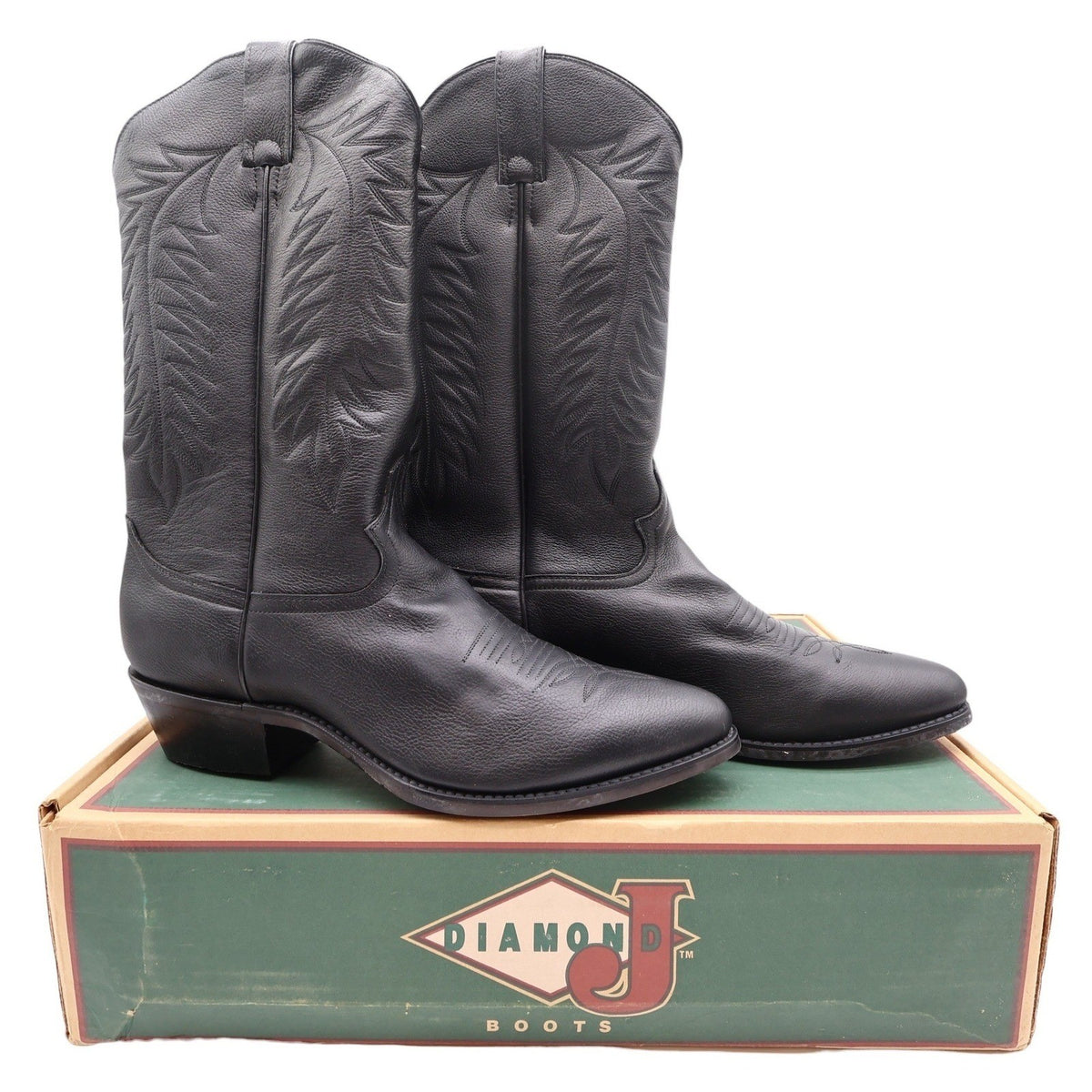 Black Diamond J cowboy boots, pair on a Diamond J shoebox