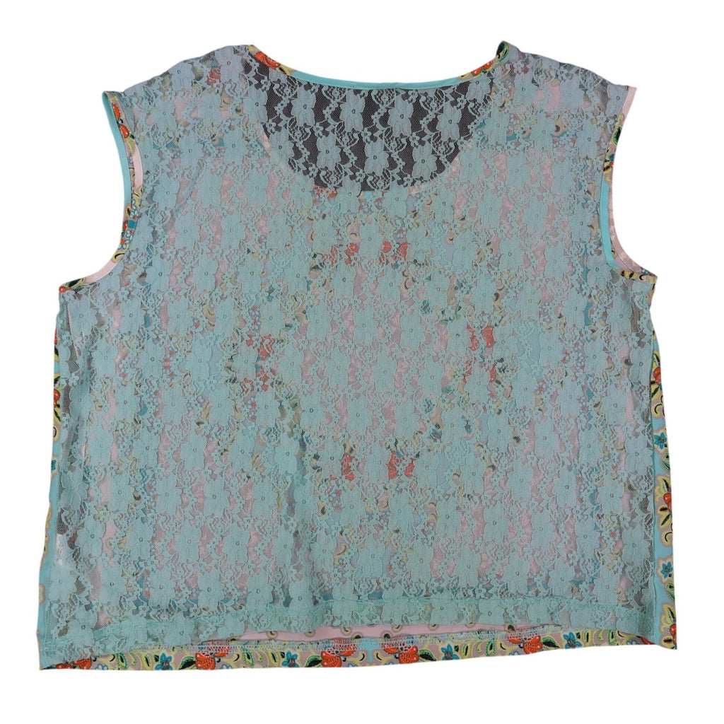 mymichelle Blouse XL Womens Aqua Blue Lace Back Scarf Print Sleeveless Top NEW - take2supply