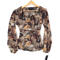 AGB Blouse Womens Small Brown Tan Abstract Floral Ruffle Neck Balloon Sleeve NEW - take2supply