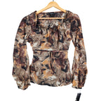 AGB Blouse Womens Small Brown Tan Abstract Floral Ruffle Neck Balloon Sleeve NEW - take2supply