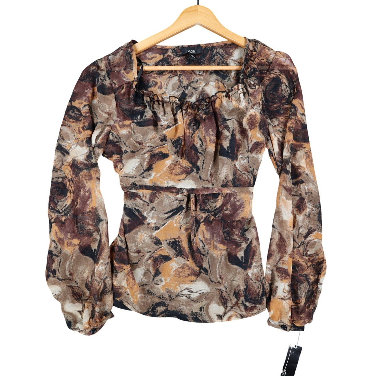AGB Blouse Womens Small Brown Tan Abstract Floral Ruffle Neck Balloon Sleeve NEW - take2supply
