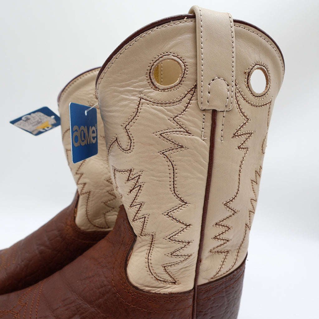 Acme Vintage Cowboy Boots Boys 2 Brown Cream Bullhide Roper NWT Deadstock - take2supply