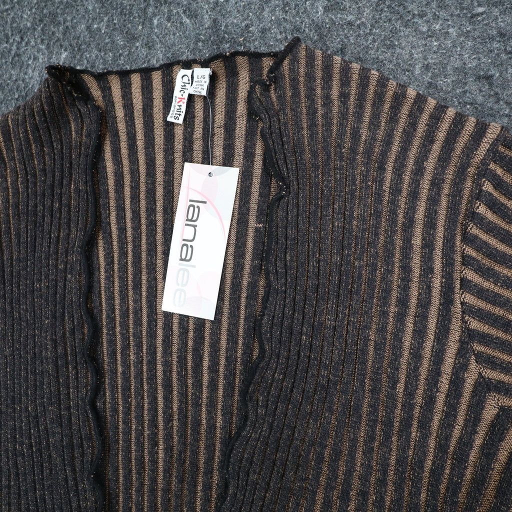Chic Knits Lanalee Cardigan Large Y2K Taupe Striped Buckle Lettuce Edge NEW - take2supply
