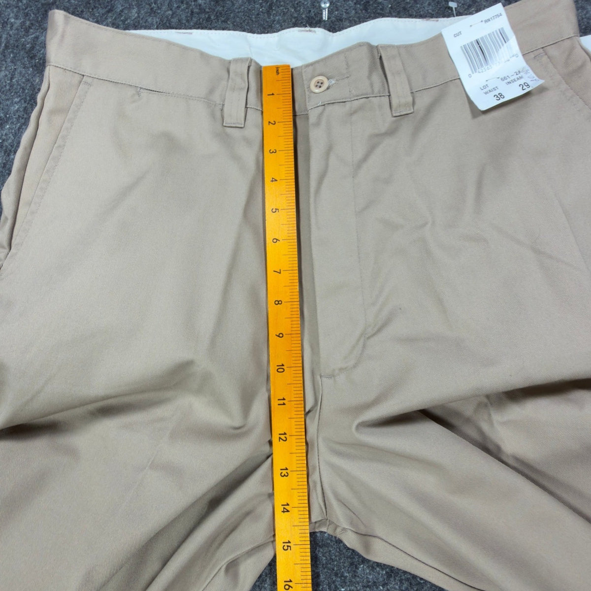 Tan Key work trousers, front rise ruler view